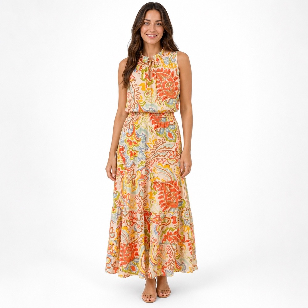 1.STATE Maxi Dress L Multicolor Paisley Tiered Smocked Waist Sleeveless Boho